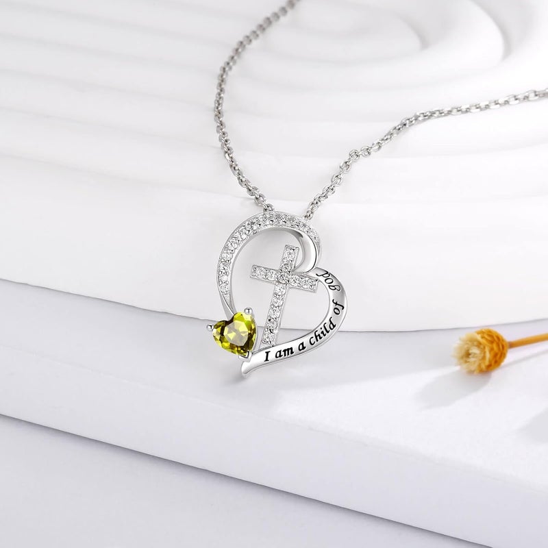 MANBU Sterling Silver Cross Necklace for Girls: Heart Birthstone I am a Child of God Pendant Religious Jewelry Baptism First Communion Confirmation Gifts for Teens - Image 1